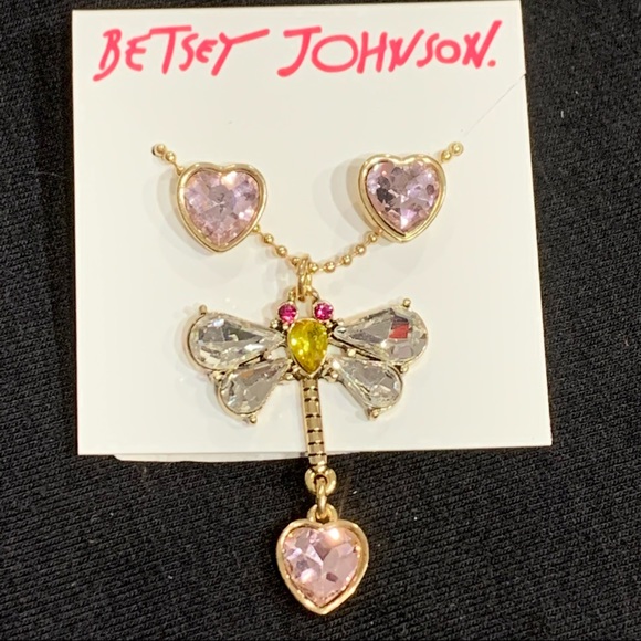BETSEY JOHNSON Sparkling Crystals HEART EARRINGS & DRAGONFLY NECKLACE SET! - Picture 4 of 9